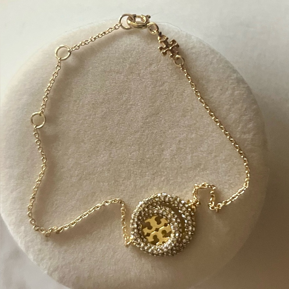 Tory Burch Gold Logo Disc Chain Bracelet with Pavé Crystals